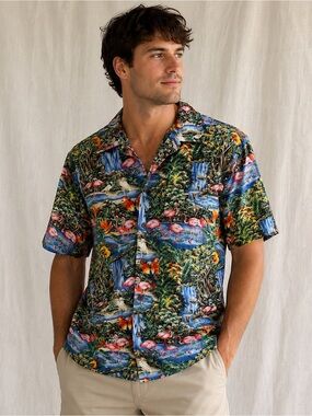 RJC Hawaiian Shirt Mens L Flamingo Parrot Waterfall Made in Hawaii USA Aloha